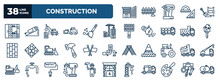 Set Of Construction Web Icons In Outline Style. Thin Line Icons Such As Big Building, Big Clo, Demolition, Constructions, Home Key, Dump Truck, Electric Drill, Pallete, , Tool Bag