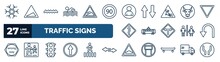 Set Of Traffic Signs Web Icons In Outline Style. Thin Line Icons Such As Snow, Swimming, Waiting, Cattle, Tram, U Turn, Traffic Lights, Hump Or Rough Vector.