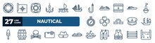 Set Of Nautical Web Icons In Outline Style. Thin Line Icons Such As Lifesaver, Bait, Fishing Hook, Yacht Facing Right, Propeller, Old Galleon, Skull And Bones, Pirate Ship Vector.