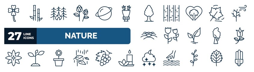 set of nature web icons in outline style. thin line icons such as clovers, two roses, white ash tree, autumn leaves, pair of flowers, flower of leaves, flower pot, night snow vector.