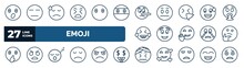 Set Of Emoji Web Icons In Outline Style. Thin Line Icons Such As Surprised Emoji, Stress Emoji, Lying Sweating Excited , Sleep Headache Vector.