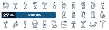 Set Of Drinks Web Icons In Outline Style. Thin Line Icons Such As Brewery, Mai Tai, Frappuccino, Beer Mug, Blue Lagoon, Juice Bottle, French 75, Pisco Sour Vector.