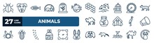 Set Of Animals Web Icons In Outline Style. Thin Line Icons Such As App Bug, Hibernation, Bee Hive, Hamster Ball, Terrarium, Elizabethan Collar, Pawprints, Pekingese Vector.
