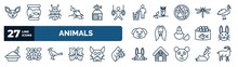 Set Of Animals Web Icons In Outline Style. Thin Line Icons Such As Chihuahua, Fishes In The Ocean, Litter, Dragon Fly, Afghan Hound, Cute Bunny Head, Pheasant, Bunny Vector.