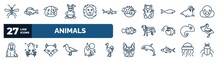 Set Of Animals Web Icons In Outline Style. Thin Line Icons Such As Mosquito, Kangaroo, Globe Fish, Walrus, Cow, Pelican, Fox, Bulldog Vector.