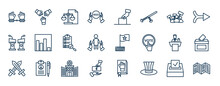 Set Of Political Web Icons In Outline Style. Thin Line Icons Such As Slavery, Ngo, Protest, Poll, Political Flag, Voting, Health Clinic, Uncle Sam Hat Vector.