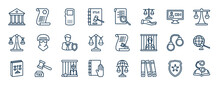 Set Of Law And Justice Web Icons In Outline Style. Thin Line Icons Such As Court, Constitutional Law, Criminal Database, , Law Paper, Diploy, Prisioner, Practise Areas Vector.