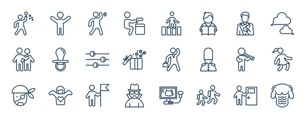 Wall Mural - set of people web icons in outline style. thin line icons such as man making soap bubbles, criminal heist, tumb up business man, baby pacifier, businessman dancing, woman covering, man holding a