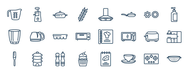 Wall Mural - set of kitchen web icons in outline style. thin line icons such as measuring cup, wheat, cookie cutter, coffee pot, recipe, kitchen cabinet, salt and pepper, saucer vector.