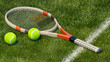 Tennis balls and racket for playing lawn tennis on the grass court