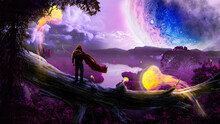 Alien Landscape With A Person Surrounded By Extraterrestrials Animals Flying Jellyfish And A Big Planet In The Sky