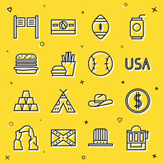 Sticker - Set line Slot machine, Coin money with dollar, USA label, American Football ball, Burger and french fries, Saloon door and Baseball icon. Vector