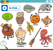 Letter O Words Educational Set With Cartoon Characters