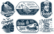 Nautical Marine Sailor Prints, Captain Cap And Bollard, Sea Wanderer, Ocean Spirit, Seafarer Emblems