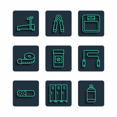 Canvas Print - Set line Vitamin pill, Locker or changing room, Punching bag, Bathroom scales, Anabolic drugs, Tape measure, Treadmill machine and Jump rope icon. Vector