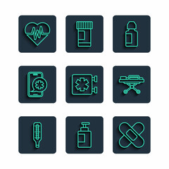 Canvas Print - Set line Medical thermometer, Hand sanitizer bottle, Crossed bandage plaster, Eye drop, symbol of Emergency, phone call, Heart rate and Stretcher icon. Vector