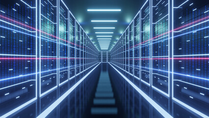 Computer network security server room data center. big data storage and cloud, 3D illustration