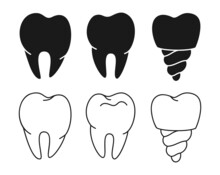 Tooth Healthy And Medical Dental Implant Icon, Simple Stamp, Silhouette Or Doodle Outline Set. Symbol Modern Dentistry Hygiene Clean Molar Teeth. Vector Design Element For Logo, Web Site Mobile App