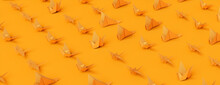 Collection Of Orange Origami Birds On Orange Background. Minimalist Design With Folded Paper Birds.