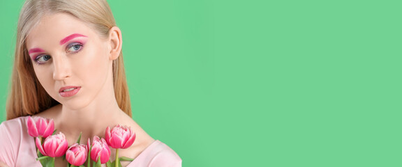 Sticker - Pretty young woman with creative eyebrows and flowers on green background with space for text