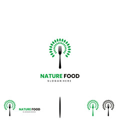 Wall Mural - fork with leaves logo design, organic food logo, vegetable logo design flat