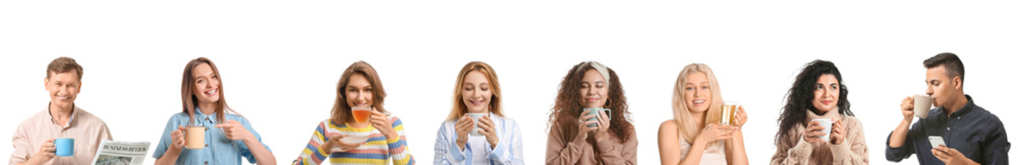 Poster - Set of different people drinking hot black tea isolated on white