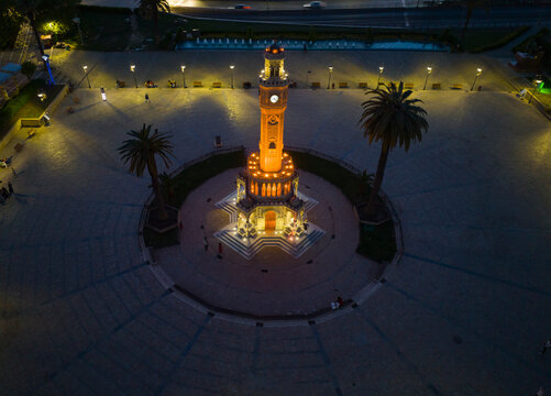 Clock Tower in the Sunset Drone Photo, Konak Square Izmir Turkey

