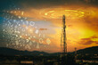 Telecommunication tower during sunset with HUD graphical internet worldwide connectivity of 3G, 4G and 5G network. Technology concept. Antenna, microwave, repeater, base station. Mobile communications