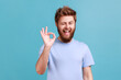 © khosrork - Portrait of bearded man showing okay sign, success sign, satisfied with good service, looking at camera and winking, expressing positive emotions. Indoor studio shot isolated on blue background.