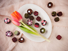 Gourmet Spring Chocolate With A Tulip; From Above