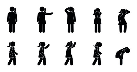 woman standing and walking, basic set of female silhouettes, stick figure icon man