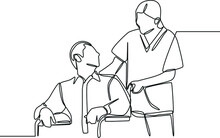Continuous One Line Drawing Nurse Taking Care Of Mature Male Patient Sitting On Wheelchair In Hospital. International Nurses Day. Single Line Draw Design Vector Graphic Illustration.