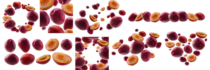 Wall Mural - A set of photos. Red plums levitate on a white background