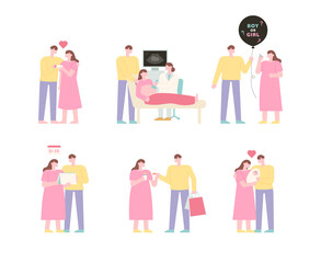 Wall Mural - The birth process of a pregnant couple. flat design style vector illustration.