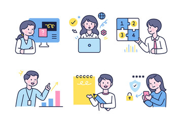 Wall Mural - people who deal with various data information. cute business characters. thick outline style design.
