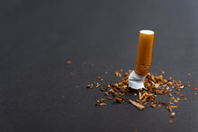 31 May Of World No Tobacco Day, No Smoking, Close Up Of Broken Pile Pin Down Cigarette Or Tobacco On Black Background With Copy Space, And Warning Lung Health Concept