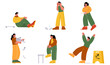 Clumsy people accidents, male or female characters fall down from skateboard, hit leg by chair, drop documents and food, slip on wet floor, smash crockery, men or women injury Line art flat vector set
