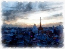 Landscape Of Streets And Buildings In Bangkok City Watercolor Style Illustration Impressionist Painting.