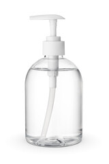 Wall Mural - Transparent plastic bottle with liquid hand soap or sanitizer isolated on white.