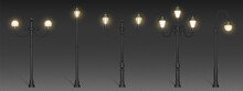Vintage Street Lights, Retro Lampposts For Urban Lighting. City Architecture Design Objects With Luminous Glowing Lamps On Steel Poles Isolated On Transparent Background Realistic 3d Vector Mockup Set