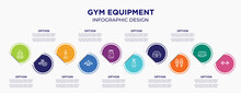 Gym Equipment Concept Infographic Design Template. Included Horsewoman, Horsepower, Chesspiece, Hang Gliding, Energy Bar, , Kmh, Shin, Barbell For Abstract Background.