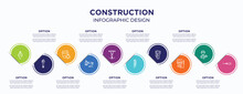 Construction Concept Infographic Design Template. Included Plumb Bob, Spanner, Weld, Polisher, Puncture, Hand Tool, Multimeter, Electric Meter, Autoloader For Abstract Background.
