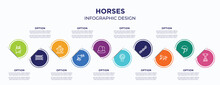 Horses Concept Infographic Design Template. Included Cauldron, Fence For Horses Jumps, Bird And House, Birds Couple, Egg, Horse Races Badge, Chains, Horse Running, Horses Races Trophy For Abstract