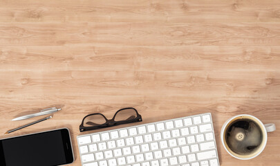 Wall Mural - Keyboard, smartphone and coffee cup on wooden table, top view with copy space, 3d illustration