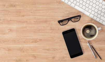 Wall Mural - Keyboard, smartphone and coffee cup on wooden table, top view with copy space, 3d illustration