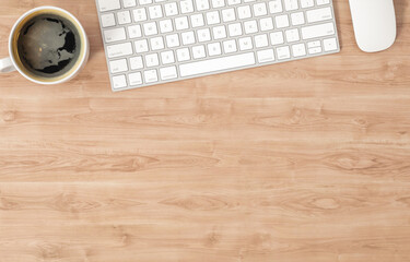 Wall Mural - Keyboard, coffee cup and mouse on wooden table, top view with copy space, 3d illustration