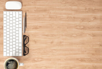 Wall Mural - Keyboard, coffee cup and mouse on wooden table, top view with copy space, 3d illustration
