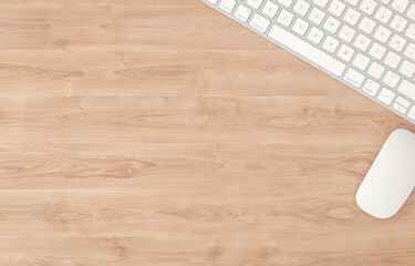 Wall Mural - Keyboard and mouse on wooden table, top view with copy space, 3d illustration