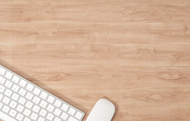 Wall Mural - Keyboard and mouse on wooden table, top view with copy space, 3d illustration