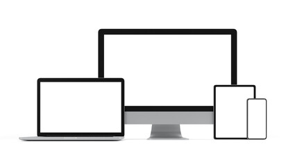 Wall Mural - Computer, Laptop, smart phone and tablet with blank screen isolated on white background, 3d illustration, clipping path.